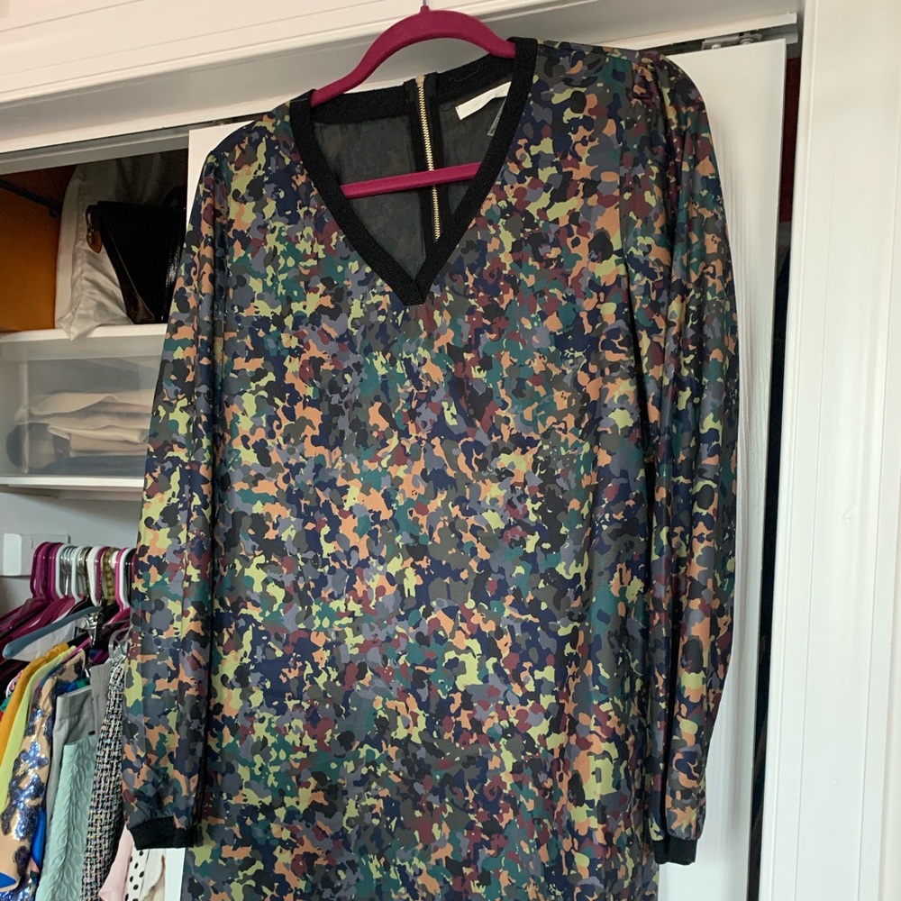 Abstract camo long sleeve shift dress